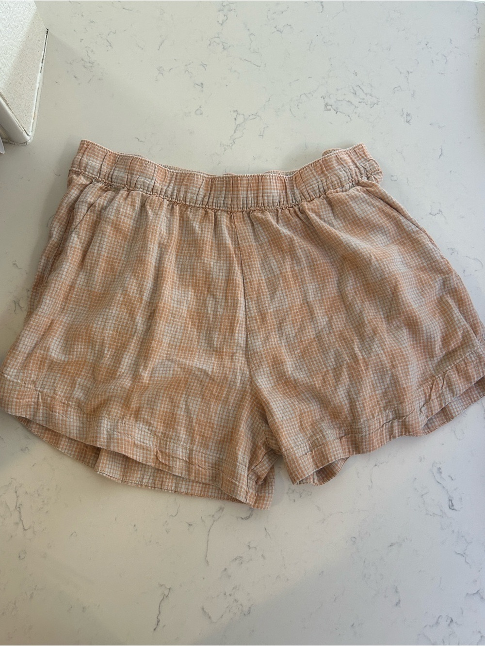 Patagonia Women’s XL Organic Cotton Gingham Pull-On Shorts Peach White Pockets